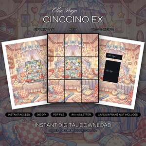 Cinccino EX 119/086 collector bundle — extended binder page plus 8x10 full-art and PSA framed prints in a Whimsical bedroom with pastel striped canopy, soft warm lighting, layered patterned pillows, heart and star decorations, vintage-inspired wallpa