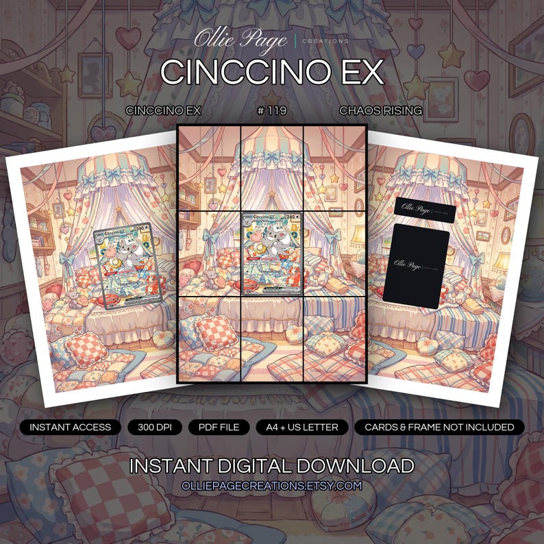 Cinccino EX 119/086 collector bundle — extended binder page plus 8x10 full-art and PSA framed prints in a Whimsical bedroom with pastel striped canopy, soft warm lighting, layered patterned pillows, heart and star decorations, vintage-inspired wallpa