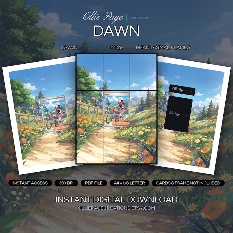 Dawn 129/094 collector bundle — extended binder page plus 8x10 full-art and PSA framed prints in a Vibrant alpine meadow with wildflowers