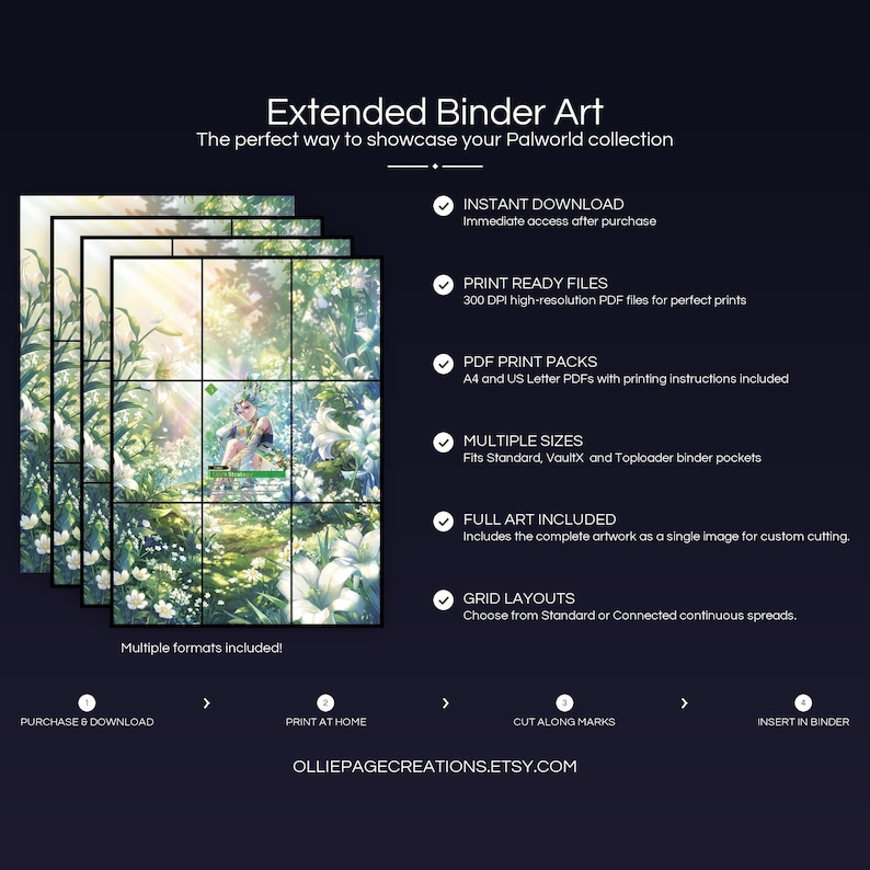 Product feature overview for Lily's Strategy extended binder art — 300 DPI print-ready files, multiple sizes and grid layouts, instant digital download