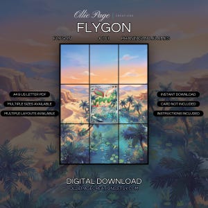 Flygon 101/094 extended art binder page in a Vibrant desert oasis landscape at sunset with golden sand dunes, turquoise water, palm trees, and dramatic warm orange sky with soft clouds., printable 9-pocket TCG display insert by Ollie Page Creations