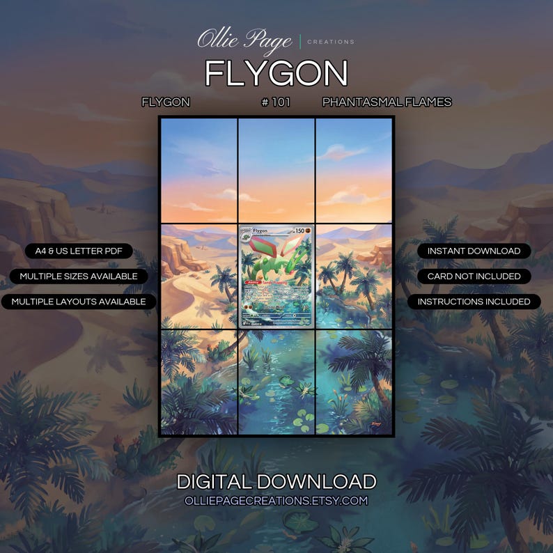 Flygon 101/094 extended art binder page in a Vibrant desert oasis landscape at sunset with golden sand dunes, turquoise water, palm trees, and dramatic warm orange sky with soft clouds., printable 9-pocket TCG display insert by Ollie Page Creations