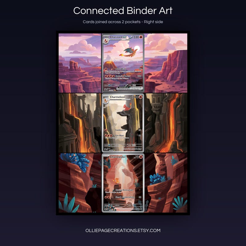 Charizard Evolution 199 + 168 + 169 connected binder art joining across two pockets, right side, printable extended card display for 9-pocket binders