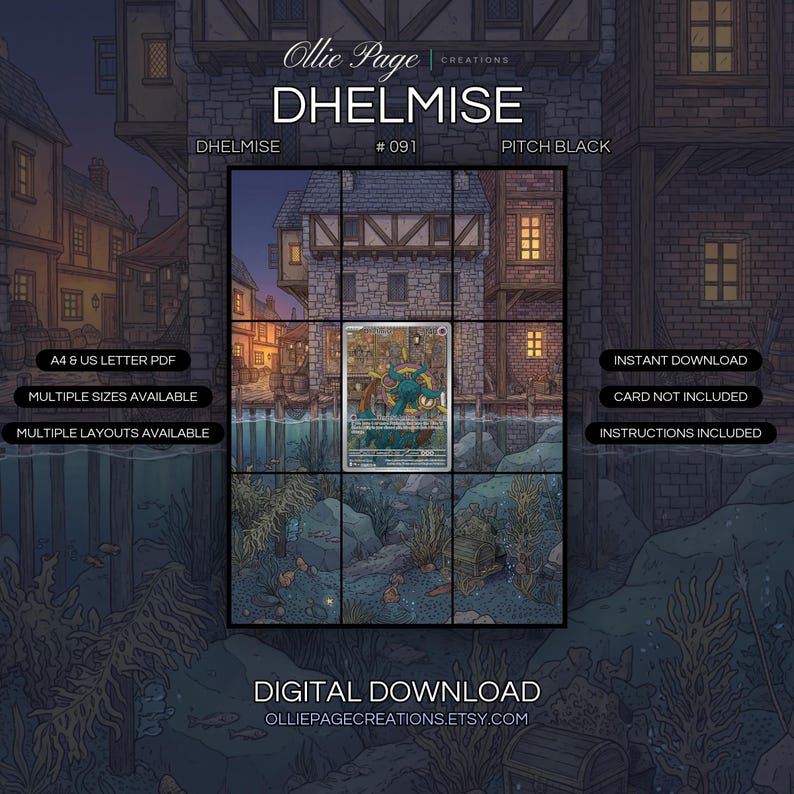 Dhelmise 091/084 extended art binder page in a Twilight medieval harbor town with glowing windows