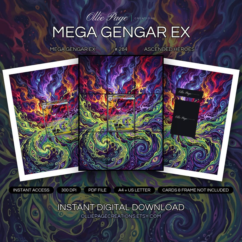 Mega Gengar EX 284/2177 collector bundle — extended binder page plus 8x10 full-art and PSA framed prints in a Vibrant psychedelic swirls of neon green, purple, red, and yellow create a dynamic, otherworldly atmosphere with flowing energy patterns and