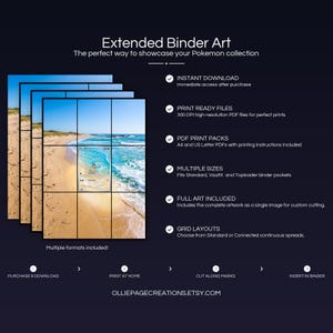 Product feature overview for Squirtle extended binder art — 300 DPI print-ready files, multiple sizes and grid layouts, instant digital download