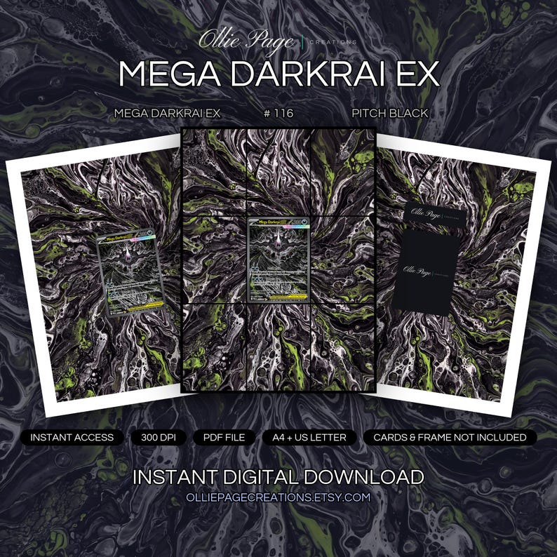 Mega Darkrai EX 116/084 collector bundle — extended binder page plus 8x10 full-art and PSA framed prints in a Dark atmospheric organic environment with bioluminescent green and purple glowing veins