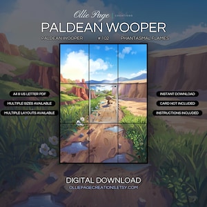 Paldean Wooper 102/094 extended art binder page in a Vibrant fantasy landscape featuring lush green valleys