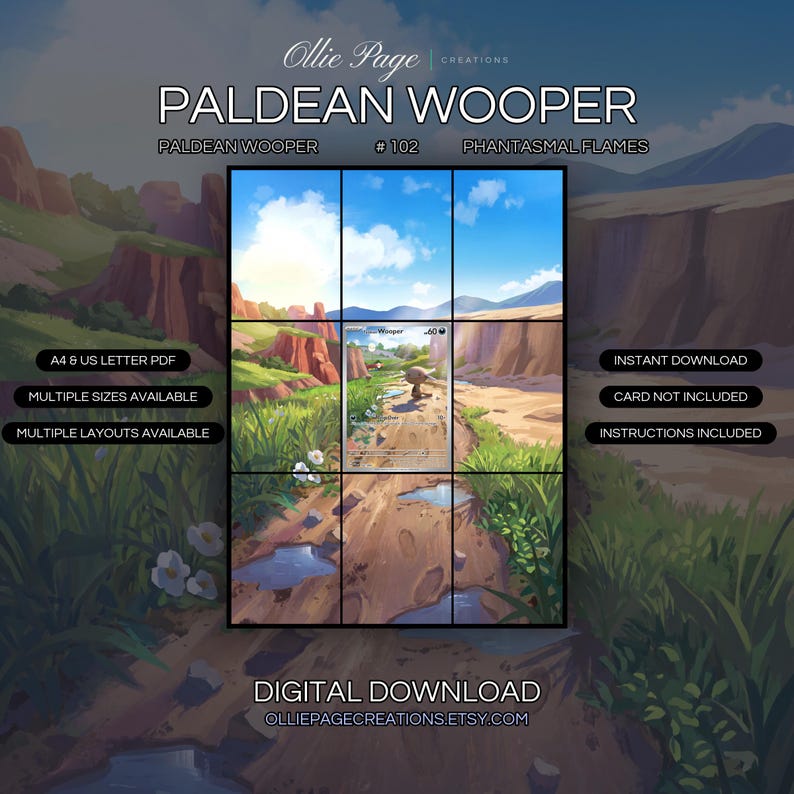 Paldean Wooper 102/094 extended art binder page in a Vibrant fantasy landscape featuring lush green valleys