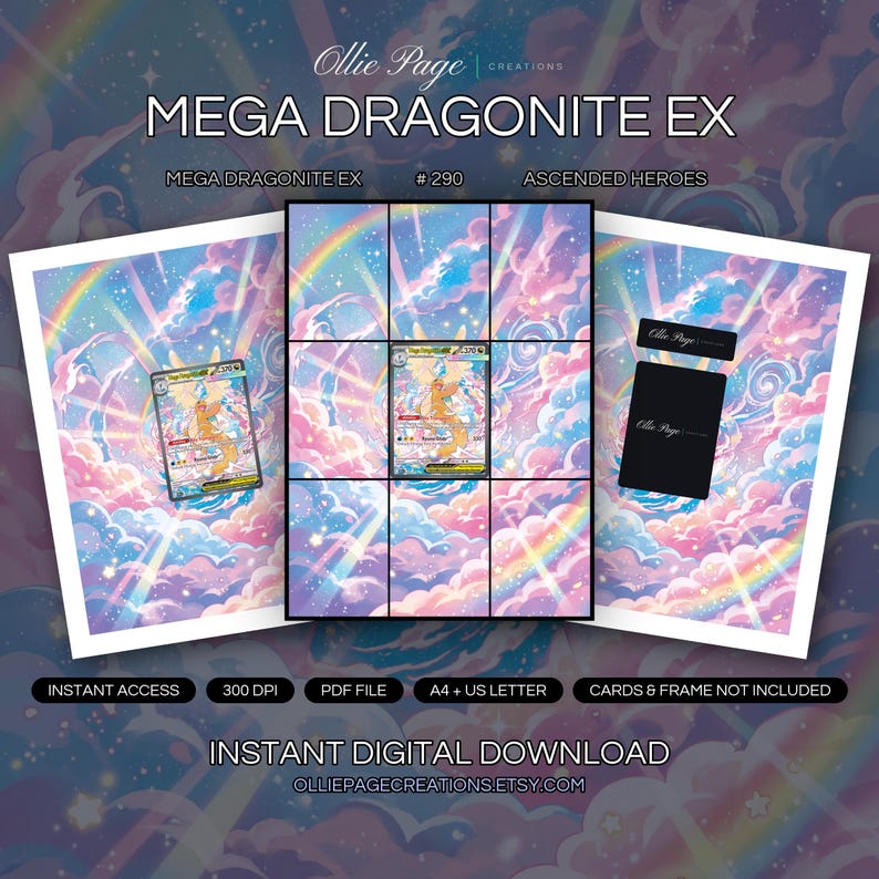 Mega Dragonite EX 290/217 collector bundle — extended binder page plus 8x10 full-art and PSA framed prints in a Vibrant celestial landscape featuring swirling pink clouds, rainbow light beams, sparkling stars, and dreamy pastel skies creating a magical, ethereal atmosphere., printable digital download by Ollie Page Creations