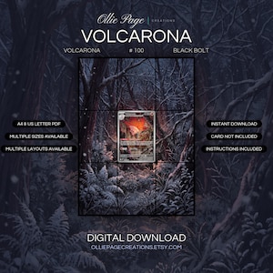 Volcarona 100/086 extended art binder page in a Dramatic forest clearing with glowing embers, twisted dark trees, misty atmosphere, and fiery orange light illuminating dense woodland landscape., printable 9-pocket TCG display insert by Ollie Page Cre