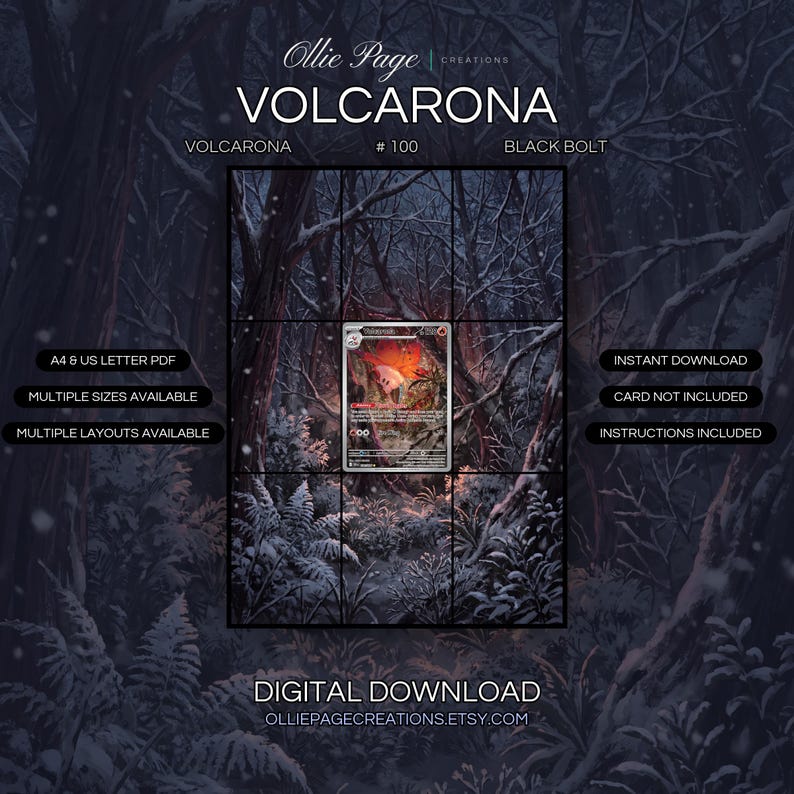Volcarona 100/086 extended art binder page in a Dramatic forest clearing with glowing embers, twisted dark trees, misty atmosphere, and fiery orange light illuminating dense woodland landscape., printable 9-pocket TCG display insert by Ollie Page Cre