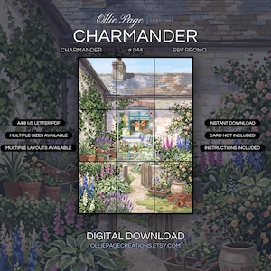 Charmander 044 extended art binder page in a Vibrant cottage garden brimming with colorful flowers