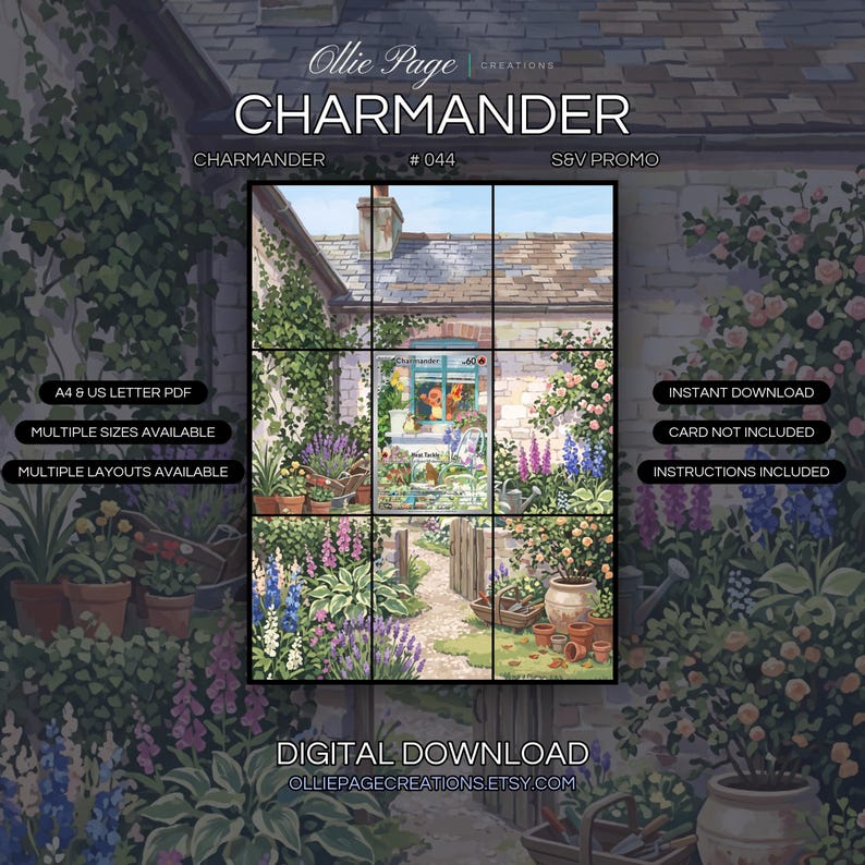 Charmander 044 extended art binder page in a Vibrant cottage garden brimming with colorful flowers