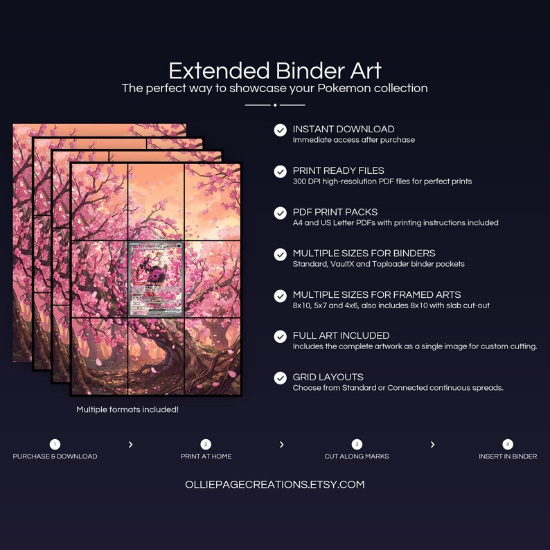 Collector bundle feature overview for Fezandipiti EX extended binder art — binder page grids plus 8x10, 5x7, 4x6 and PSA-style framed prints, 300 DPI instant digital download