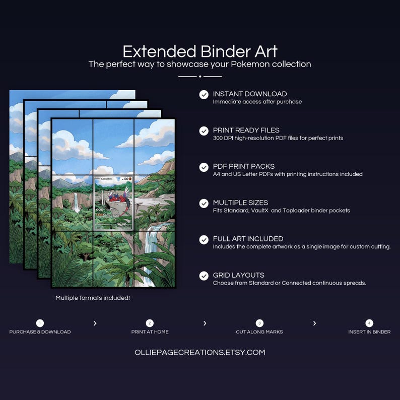 Product feature overview for Koraidon extended binder art — 300 DPI print-ready files, multiple sizes and grid layouts, instant digital download