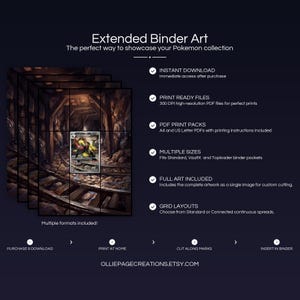 Product feature overview for Haxorus extended binder art — 300 DPI print-ready files, multiple sizes and grid layouts, instant digital download