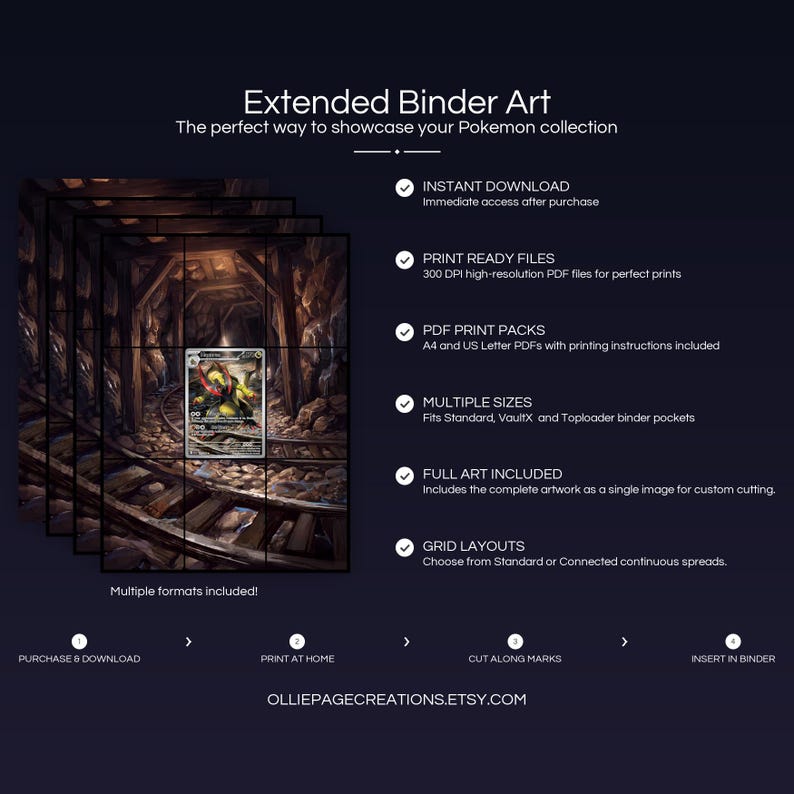 Product feature overview for Haxorus extended binder art — 300 DPI print-ready files, multiple sizes and grid layouts, instant digital download