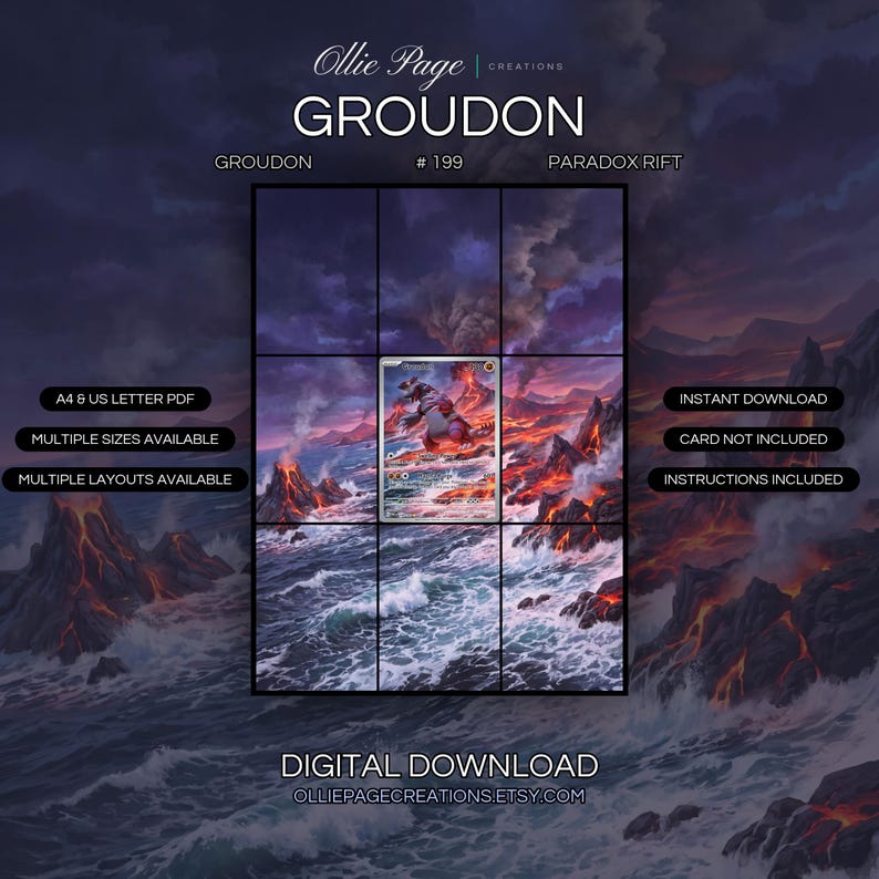 Groudon 199/182 extended art binder page in a Dramatic volcanic landscape with erupting mountains
