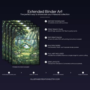 Product feature overview for Lyleen extended binder art — 300 DPI print-ready files, multiple sizes and grid layouts, instant digital download
