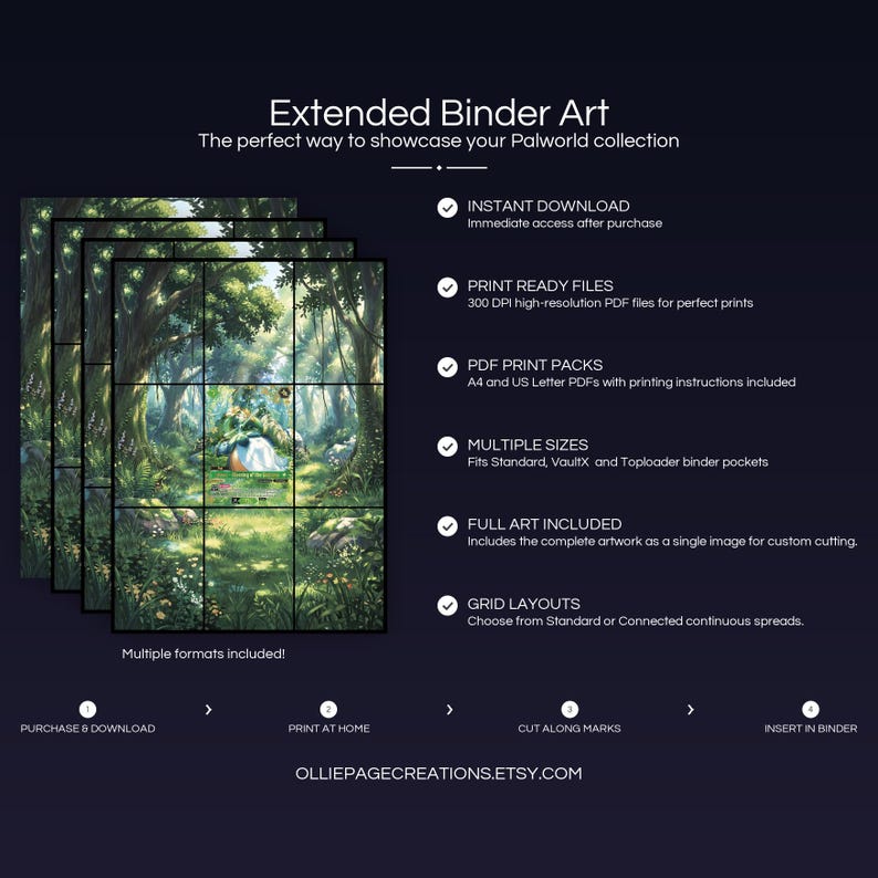 Product feature overview for Lyleen extended binder art — 300 DPI print-ready files, multiple sizes and grid layouts, instant digital download