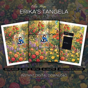 Erika's Tangela 218/217 collector bundle — extended binder page plus 8x10 full-art and PSA framed prints in a Vibrant garden scene bursting with multicolored roses