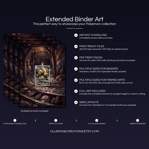 Collector bundle feature overview for Haxorus extended binder art — binder page grids plus 8x10, 5x7, 4x6 and PSA-style framed prints, 300 DPI instant digital download