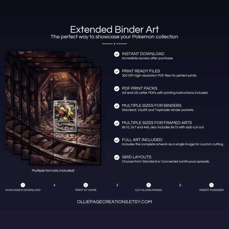 Collector bundle feature overview for Haxorus extended binder art — binder page grids plus 8x10, 5x7, 4x6 and PSA-style framed prints, 300 DPI instant digital download