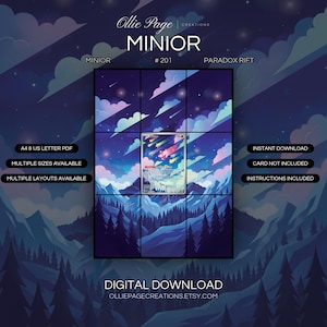 Minior 201/182 extended art binder page in a Magical winter landscape featuring snow-covered mountains, glowing celestial phenomena streaking across purple-blue starry sky, surrounded by enchanted forest and castle silhouette., printable 9-pocket TCG display insert by Ollie Page Creations