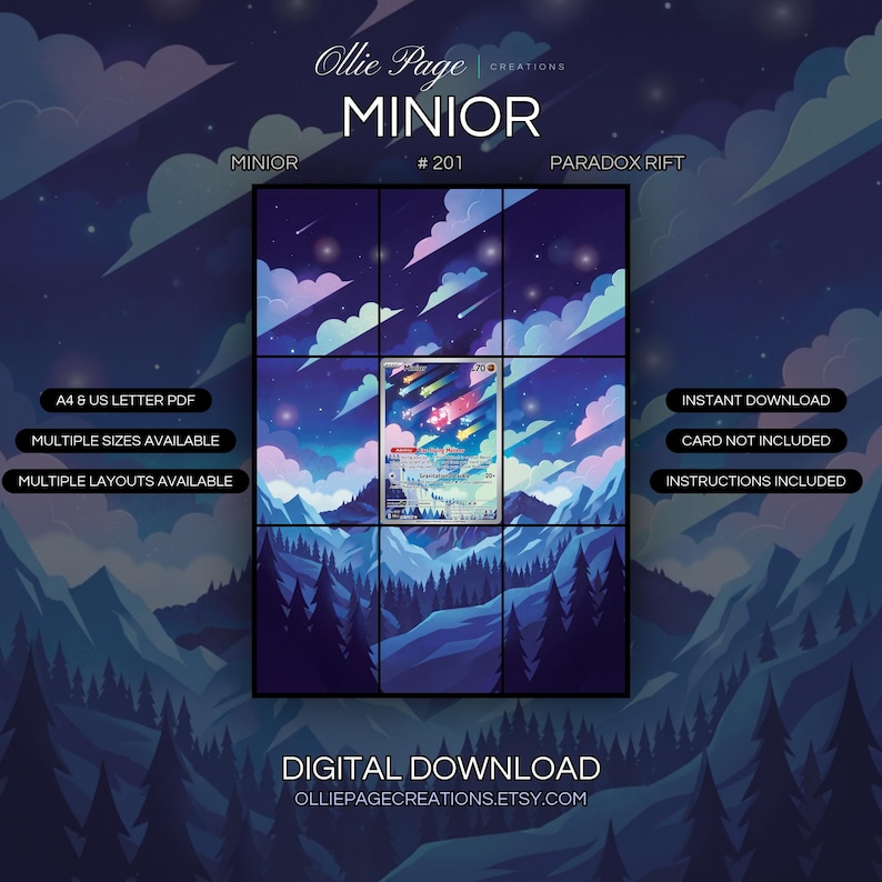 Minior 201/182 extended art binder page in a Magical winter landscape featuring snow-covered mountains, glowing celestial phenomena streaking across purple-blue starry sky, surrounded by enchanted forest and castle silhouette., printable 9-pocket TCG display insert by Ollie Page Creations