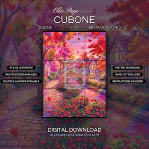 Cubone 407/07 extended art binder page in a Vibrant autumn village scene with glowing pink stream, brick bridge, colorful fall foliage, charming houses, and magical sunset lighting., printable 9-pocket TCG display insert by Ollie Page Creations