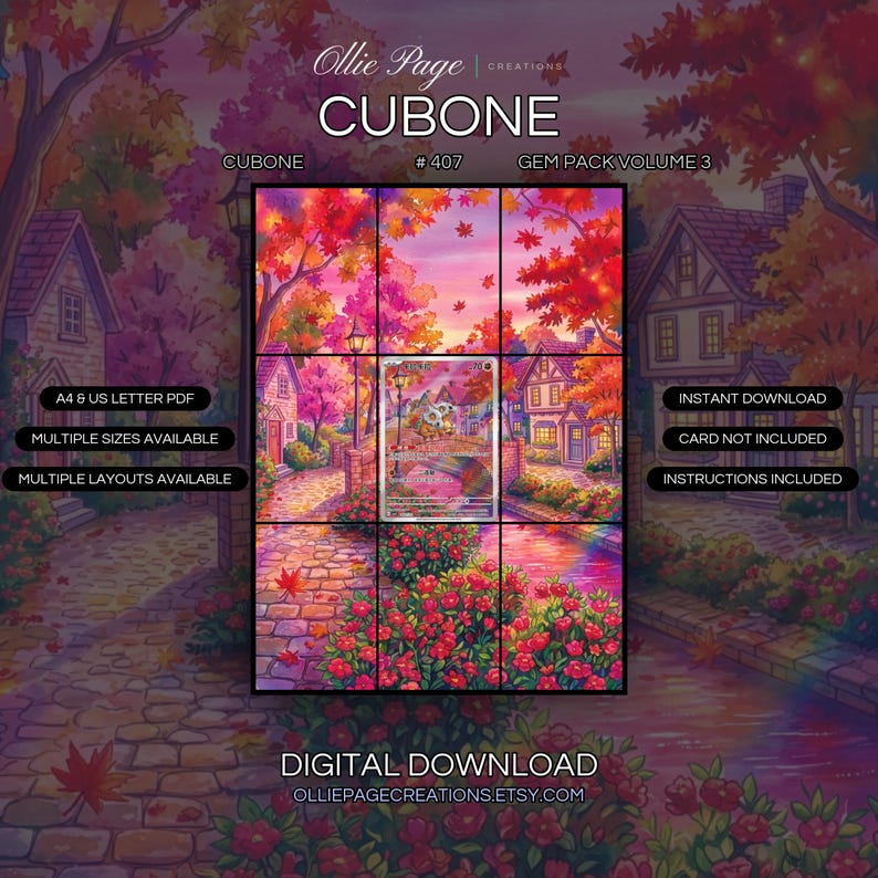 Cubone 407/07 extended art binder page in a Vibrant autumn village scene with glowing pink stream, brick bridge, colorful fall foliage, charming houses, and magical sunset lighting., printable 9-pocket TCG display insert by Ollie Page Creations