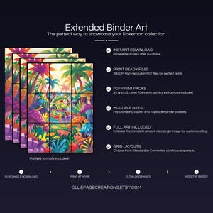 Product feature overview for Ludicolo extended binder art — 300 DPI print-ready files, multiple sizes and grid layouts, instant digital download