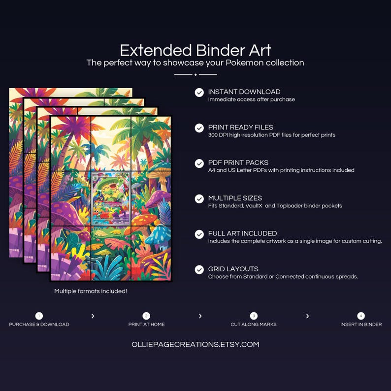 Product feature overview for Ludicolo extended binder art — 300 DPI print-ready files, multiple sizes and grid layouts, instant digital download