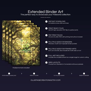 Collector bundle feature overview for Petalia extended binder art — binder page grids plus 8x10, 5x7, 4x6 and PSA-style framed prints, 300 DPI instant digital download