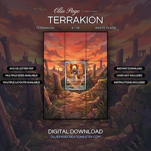 Terrakion 135/086 extended art binder page in a Dramatic post-apocalyptic ruins landscape with vibrant orange sunset sky, glowing lava pools, ancient stone columns, and overgrown vegetation beneath epic golden clouds., printable 9-pocket TCG display insert by Ollie Page Creations