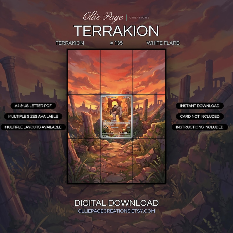 Terrakion 135/086 extended art binder page in a Dramatic post-apocalyptic ruins landscape with vibrant orange sunset sky, glowing lava pools, ancient stone columns, and overgrown vegetation beneath epic golden clouds., printable 9-pocket TCG display insert by Ollie Page Creations
