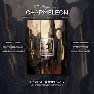 Charmeleon 169/165 extended art binder page in a Dramatic volcanic canyon with towering dark rock formations, glowing golden lava veins, misty atmosphere, and luminous sky creating an otherworldly underground landscape., printable 9-pocket TCG display insert by Ollie Page Creations