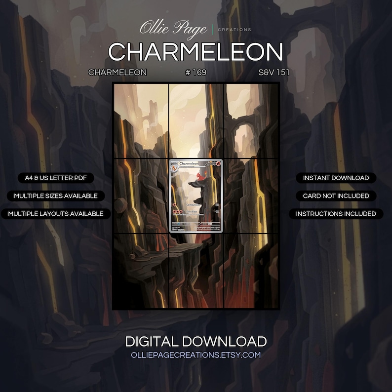 Charmeleon 169/165 extended art binder page in a Dramatic volcanic canyon with towering dark rock formations, glowing golden lava veins, misty atmosphere, and luminous sky creating an otherworldly underground landscape., printable 9-pocket TCG display insert by Ollie Page Creations