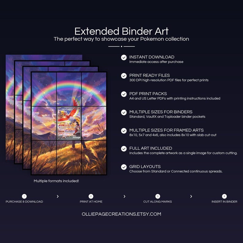 Collector bundle feature overview for Ethan's Ho-Oh EX extended binder art — binder page grids plus 8x10, 5x7, 4x6 and PSA-style framed prints, 300 DPI instant digital download