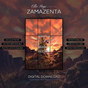 Zamazenta 201/182 extended art binder page in a Dramatic desert landscape with fiery orange sunset sky, glowing light rays, rocky terrain, sparse vegetation, and intense atmospheric lighting., printable 9-pocket TCG display insert by Ollie Page Creations