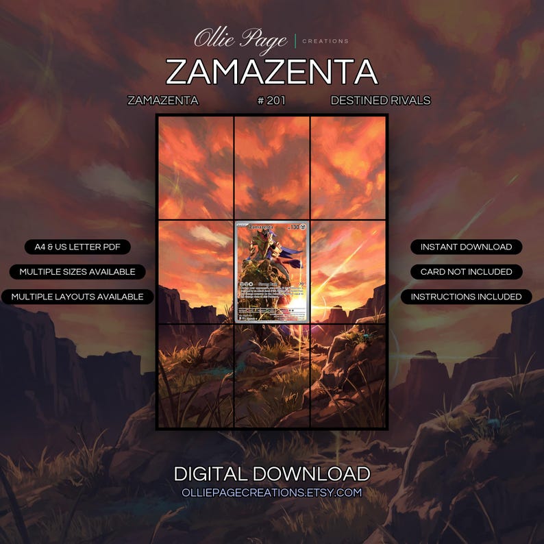 Zamazenta 201/182 extended art binder page in a Dramatic desert landscape with fiery orange sunset sky, glowing light rays, rocky terrain, sparse vegetation, and intense atmospheric lighting., printable 9-pocket TCG display insert by Ollie Page Creations