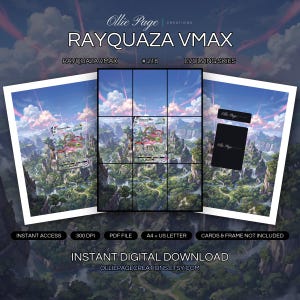 Rayquaza VMAX 218/203 collector bundle — extended binder page plus 8x10 full-art and PSA framed prints in a Vibrant fantasy landscape featuring lush green valleys
