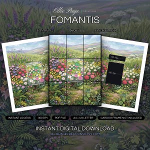 Fomantis 085/084 collector bundle — extended binder page plus 8x10 full-art and PSA framed prints in a Vibrant wildflower meadow in full bloom with rolling purple hills