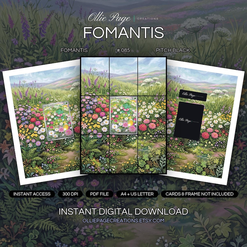 Fomantis 085/084 collector bundle — extended binder page plus 8x10 full-art and PSA framed prints in a Vibrant wildflower meadow in full bloom with rolling purple hills