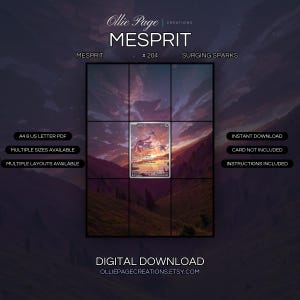 Mesprit 204/191 extended art binder page in a Dramatic sunset valley landscape with glowing golden horizon, purple clouds, silhouetted evergreen forest, and magical atmospheric lighting., printable 9-pocket TCG display insert by Ollie Page Creations