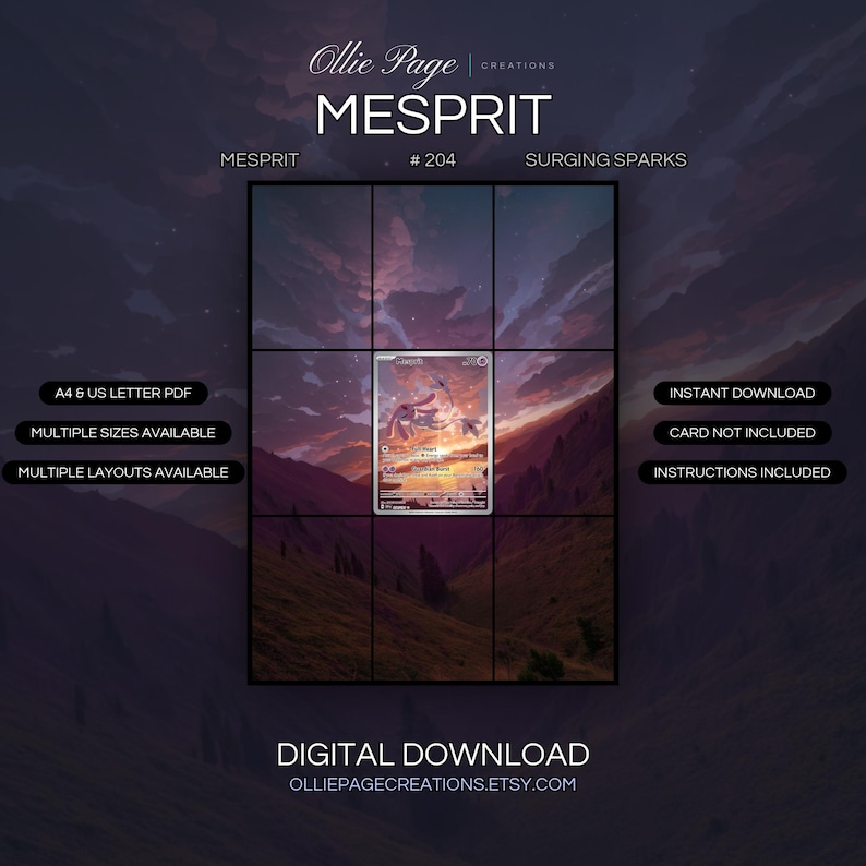 Mesprit 204/191 extended art binder page in a Dramatic sunset valley landscape with glowing golden horizon, purple clouds, silhouetted evergreen forest, and magical atmospheric lighting., printable 9-pocket TCG display insert by Ollie Page Creations
