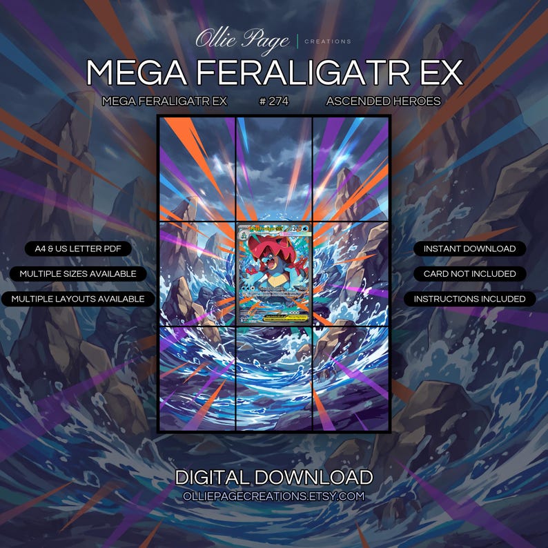 Mega Feraligatr EX 274/217 extended art binder page in a Dramatic canyon landscape with swirling blue water