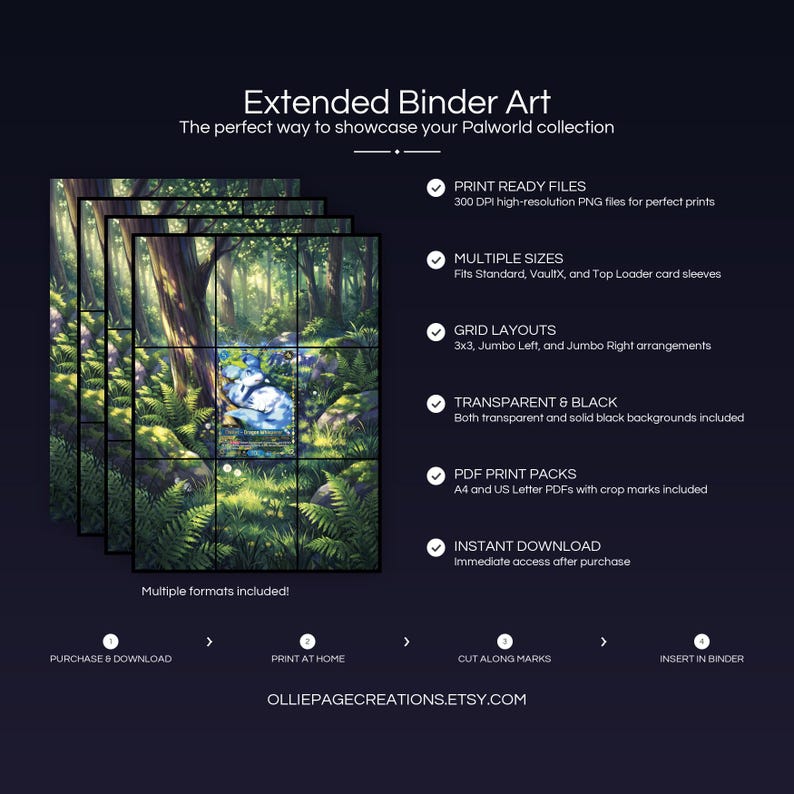 Product feature overview for Chillet extended binder art — 300 DPI print-ready files, multiple sizes and grid layouts, instant digital download