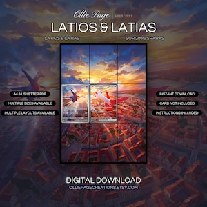 Latios & Latias extended art binder page in a Dramatic golden sunset illuminates a coastal city with terracotta roofs